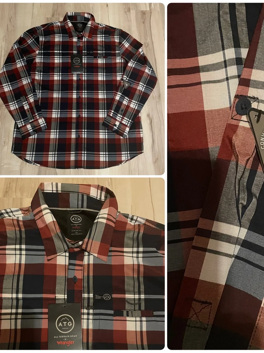 Wrangler ATG Plaid Button Up Shirt Men’s Size XL Navy Maroon Hike to Fish UPF 30